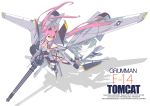  1girl aim-54_phoenix aim-7_sparrow aim-9_sidewinder airplane animal_ears blush breasts cleavage f-14 fighter_jet flying gatling_gun gun highres jet large_breasts long_hair looking_to_the_side m61_vulcan mecha_musume military missile nenchi personification pilot pink_hair simple_background solo twintails weapon white_background yellow_eyes 