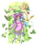  1boy 1girl blonde_hair bow_(weapon) creature forehead_jewel green_background green_shoes hat highres leaf long_hair meredy nijigami_rin pantyhose pink_shirt purple_hair quickie shirt shoes shorts sleeveless sleeveless_shirt smile sylph_(tales) tales_of_(series) tales_of_eternia tan twintails violet_eyes weapon white_legwear 