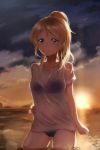  ayase_eli bikini blonde_hair blue_eyes love_live!_school_idol_project ponytail pumpkin-crazy sunset swimsuit wet wet_clothes 