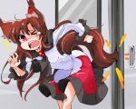  1girl animal_ears brooch brown_hair dress imaizumi_kagerou jewelry long_hair one_eye_closed open_mouth red_eyes shinapuu solo stuck tail touhou wolf_ears wolf_tail 