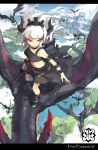  1girl absurdres bare_shoulders blue_sky blurry city clouds depth_of_field dragon floating_hair flying from_above highres horns jong_tu katana long_hair navel pixiv_fantasia pixiv_fantasia_5 red_eyes sky solo sword tree upscaled weapon white_hair 