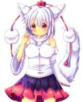  1girl animal_ears bare_shoulders blush breasts chocolat_(momoiro_piano) detached_sleeves hat inubashiri_momiji looking_at_viewer pom_pom_(clothes) red_eyes ribbon-trimmed_sleeves ribbon_trim short_hair silver_hair simple_background skirt smile solo tail tokin_hat touhou white_background wolf_ears wolf_tail 