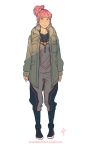  1girl alternate_costume annie_mei annie_mei_project baggy_clothes baggy_pants blush caleb_thomas commentary earrings full_body green_eyes high_ponytail jacket jewelry lips long_hair necklace pants pigeon-toed pink_hair shoes sleeves_past_wrists smile sneakers solo 