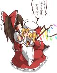  2girls bare_shoulders black_legwear blonde_hair blush bow brown_hair detached_sleeves fang flandre_scarlet flying_sweatdrops hair_bow hakurei_reimu hat hat_bow kumo_(atm) long_hair multiple_girls red_bow short_hair simple_background sweat touhou translation_request white_background wide_sleeves 
