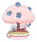  3boys blue_eyes blue_hair cherry_blossoms chibi dango food green_eyes heterochromia hysd japanese_clothes kousetsu_samonji male_focus multiple_boys open_mouth petals pink_hair ponytail sanshoku_dango sayo_samonji smile souza_samonji touken_ranbu tree wagashi 