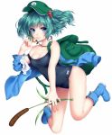  1girl backpack bag blue_eyes boots breasts cleavage green_hair hat jewelry kawashiro_nitori key nanamiya necklace off_shoulder school_swimsuit smile solo swimsuit touhou twintails 