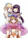  3girls :o :t ayase_eli bikini blonde_hair breast_rest breasts breasts_on_head bridal_gauntlets brown_hair clenched_hands commentary_request hands_up innertube koizumi_hanayo long_hair love_live!_school_idol_project midriff multiple_girls ponytail purple_hair shikei_(jigglypuff) short_hair swimsuit toujou_nozomi twintails violet_eyes white_background 