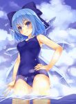 1girl blue_eyes blue_hair blue_sky blush bow cirno clouds hair_bow hand_on_hip ice ice_wings kitou_kaitai looking_at_viewer school_swimsuit sky smile solo swimsuit touhou water wet wet_hair wings 