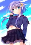  1girl blue_eyes blush clouds crescent_hair_ornament hair_ornament kantai_collection midriff navel purple_hair school_uniform short_hair_with_long_locks skirt sky solo tamagawa_yukimaru yayoi_(kantai_collection) 