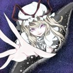  1girl blonde_hair colored_eyelashes commentary_request crack eyes fourth_wall fuyuno_(kiddyland) gap hat hat_ribbon lips long_fingers looking_at_viewer mob_cap open_mouth pale_skin pov reaching_out ribbon short_sleeves solo static touhou violet_eyes yakumo_yukari 
