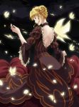  1girl beatrice blonde_hair blue_eyes butterfly choker dress from_behind hair_bun highres kiyumi looking_back open-back_dress petals pipe smile umineko_no_naku_koro_ni wide_sleeves 