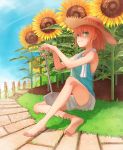  1girl barefoot brown_hair flower green_eyes hat highres original puma_(hyuma1219) short_hair solo sunflower 