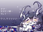  1girl :3 anchorage_water_oni black_hair can chibi drooling gradient_hair horns kantai_collection long_hair multicolored_hair red_bull shinkaisei-kan solo tanaka_kusao translation_request twitter_username very_long_hair 