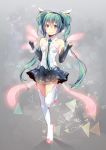  1girl boots collar elbow_gloves fingerless_gloves gloves green_eyes green_hair hatsune_miku long_hair necktie shiomizu_(swat) skirt smile solo standing_on_one_leg thigh-highs thigh_boots twintails very_long_hair vocaloid 
