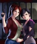  2girls asymmetrical_docking bangs black_hair blue_eyes breast_press breasts brown_eyes claire_redfield denim dress_shirt gun handgun hood_down hooded_jacket jacket jeans long_hair moira_burton multiple_girls nose pants parted_bangs parted_lips pistol ponytail redhead resident_evil resident_evil_revelations_2 shirt short_hair small_breasts sweat swept_bangs thor_(deep_rising) torn_clothes torn_jacket weapon 