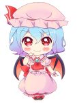  1girl bat_wings blue_hair brooch chibi dress fang jewelry mob_cap ogata_hisano pink_dress red_eyes remilia_scarlet short_hair short_sleeves simple_background smile solo touhou white_background wings wrist_cuffs 
