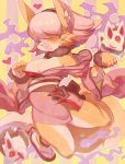  animal_ears aoneko breasts cleavage clenched_hand fox_ears fox_tail furry hair_over_eyes heart heart_in_mouth japanese_clothes kyuubi off_shoulder open_mouth pink_hair sandals scanlines striped striped_background tail 