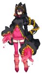  1girl banette black_hair boots dress expressionless extra_mouth highres hood katagiri_hachigou long_hair mega_banette mega_pokemon personification pink_legwear pokemon pokemon_(game) pokemon_xy ponytail red_eyes short_dress simple_background solo thigh-highs zettai_ryouiki zipper 