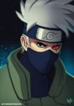  1boy asad_farook commentary completion_time face_mask flak_jacket forehead_protector glowing glowing_eye hatake_kakashi heterochromia looking_at_viewer making_of mask naruto night night_sky red_eyes sharingan short_hair silver_hair sky solo spiky_hair upper_body 