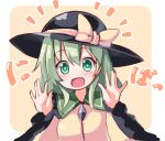  1girl bow green_eyes green_hair hat hat_bow komeiji_koishi long_sleeves looking_at_viewer ominaeshi_(takenoko) open_mouth shirt smile solo touhou upper_body wide_sleeves 