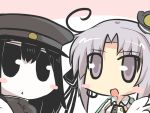  2girls ahoge akitsu_maru_(kantai_collection) akitsushima_(kantai_collection) black_eyes black_hair blush_stickers chibi commentary_request gomasamune grey_eyes hat kantai_collection military military_uniform multiple_girls open_mouth peaked_cap silver_hair sketch triangle_mouth uniform 