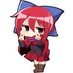  1girl :o boots cape chibi double_v hair_ribbon long_sleeves looking_at_viewer multiple_girls pleated_skirt red_eyes redhead ribbon sekibanki short_hair simple_background skirt solo touhou twumi v white_background 