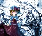  1girl ascot blonde_hair bow dress flandre_scarlet hat hat_bow laevatein looking_at_viewer mob_cap pink_eyes puffy_short_sleeves puffy_sleeves red_dress rinne_(kouheiramia) sash scythe shirt short_sleeves solo touhou 