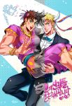  2boys anz blonde_hair breasts brown_hair caesar_anthonio_zeppeli carrying crossdressinging facial_mark fingerless_gloves formal gloves green_eyes jojo_no_kimyou_na_bouken joseph_joestar_(young) multiple_boys muscles princess_carry suit 