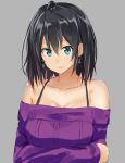  1girl aqua_eyes bare_shoulders black_hair breasts character_request cleavage copyright_request earrings grey_background isshiki_(ffmania7) jewelry looking_at_viewer short_hair simple_background smile solo 