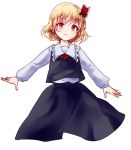  1girl blonde_hair hair_ribbon open_mouth outstretched_arms red_eyes ribbon rumia short_hair simple_background skirt smile solo touhou uranaishi_(miraura) white_background 