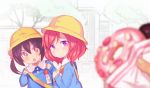  2girls black_hair chestnut_mouth doughnut food hair_bobbles hair_ornament hat kindergarten_uniform love_live!_school_idol_project multiple_girls name_tag nishikino_maki open_mouth red_eyes redhead saidyiiii school_hat sparkle_eyes sprinkles twintails violet_eyes yazawa_nico younger 