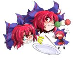  1girl bow cape clenched_teeth closed_eyes dango disembodied_head fighting food hair_bow multiple_persona open_mouth red_eyes redhead sekibanki shinapuu short_hair skirt solo touhou wagashi 