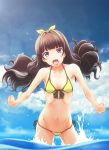  1girl :d amanogawa_kirara bikini brown_hair go!_princess_precure hairband looking_at_viewer ocean open_mouth partially_submerged precure side-tie_bikini slowpit small_breasts smile solo swimsuit twintails violet_eyes yellow_bikini 