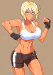  1girl :o abs ahoge bangs bare_shoulders bike_shorts blonde_hair blue_eyes borrowed_character breasts brown_background cleavage collarbone cowboy_shot dark_skin fingerless_gloves gloves large_breasts lips midriff motion_blur navel open_mouth original punching real_xxiii&#039;s_dark_skinned_girl sami_(object_dump) short_hair simple_background solo sports_bra sweat thighs toned 