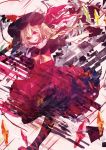  1girl ascot blonde_hair choker collarbone dress fang flandre_scarlet hat hat_ribbon highres looking_at_viewer mirimo mob_cap red_dress red_eyes red_shoes ribbon shoes solo touhou 