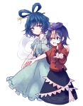  2girls blue_eyes blue_hair dress drill_hair flower hair_ornament hair_rings hair_stick hand_on_another&#039;s_shoulder hat jiangshi kaku_seiga miyako_yoshika multiple_girls ofuda open_mouth outstretched_arms shawl short_hair simple_background skirt smile star touhou uranaishi_(miraura) vest white_background zombie_pose 