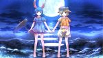  2girls animal_ears baggy_shorts barefoot blue_dress blue_hair clouds dress full_moon hat highres holding_hands mallet midriff moon multiple_girls navel night open_mouth puffy_short_sleeves puffy_sleeves rabbit_ears red_eyes ringo_(touhou) risutaru seiran_(touhou) short_sleeves sky smile star_(sky) starry_sky touhou 