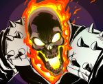 1boy face fire flaming_skull ghost_rider glowing glowing_eyes glowing_mouth marvel no_pupils shoulder_pads skull solo space_jin spikes 