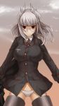  1girl breasts commentary eiri_(eirri) glasses gloves head_wings heidimarie_w_schnaufer large_breasts long_hair looking_at_viewer military military_uniform no_pants panties red_eyes silver_hair solo strike_witches striker_unit underwear uniform white_panties 