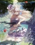  1girl apple blonde_hair butterfly flower food frilled_collar fruit hair_flower hair_ornament jewelry layered_skirt left_mouse long_hair looking_at_viewer midriff navel necklace original pointy_ears smile solo tree underwater yellow_eyes 