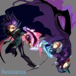  2boys black_hair blue_hair cape coat duel_disk highres kurosaki_shun multicolored_hair multiple_boys necktie purple_hair scarf tarishite_(appolite01) two-tone_hair yuto_(yuu-gi-ou_arc-v) yuu-gi-ou yuu-gi-ou_arc-v 