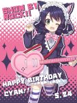  1girl ;d animal_ears bell blue_hair bowtie cat_ears character_name copyright_name curly_hair cyan_(show_by_rock!!) d_omm dated green_eyes happy_birthday headdress heart heart_guitar looking_at_viewer one_eye_closed open_mouth short_hair show_by_rock!! smile solo 