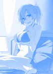  1girl barefoot bed_sheet bikini blush breast_suppress breasts character_request himura_kiseki large_breasts looking_at_viewer monochrome navel open_mouth pillow ponytail short_hair sitting smile solo swimsuit wariza 