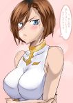  1girl :t apollonia_vaar bare_shoulders blush breasts brown_hair crossed_arms frown granblue_fantasy hair_between_eyes highres large_breasts looking_at_viewer pink_background short_hair solo translation_request tsundere 