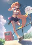  1girl \m/ absurdres airplane blonde_hair bread bus_stop food highres lens_flare long_hair midriff mouth_hold one_eye_closed original ponytail school_uniform serafuku shon sign skirt sky solo 