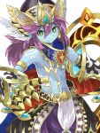  1boy blue_skin cape gauntlets green_eyes hat highres krishna_(p&amp;d) long_hair male_focus mosamune no_shirt pointy_ears purple_hair puzzle_&amp;_dragons smile solo 