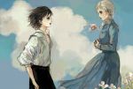  1boy 1girl black_hair blue_dress braid clouds dress flower from_side hands_together highres howl_(howl_no_ugoku_shiro) howl_no_ugoku_shiro looking_at_another red_ribbon ribbon shirt short_hair silver_hair single_braid sky sophie_(howl_no_ugoku_shiro) toothbird victorian white_shirt wind 