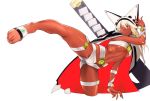  1girl barefoot beltbra breasts cape cropped_legs dark_skin feet floating_swords guilty_gear guilty_gear_xrd highres huge_weapon kicking long_hair motion_blur orange_eyes ramlethal_valentine short_shorts shorts solo tetsu_(kimuchi) thigh_strap toes under_boob weapon white_hair wrist_ribbon 