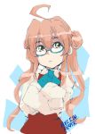  1girl 2015 4suke ahoge blue-framed_glasses bow crossed_arms dated double_bun glasses kantai_collection long_hair looking_away makigumo_(kantai_collection) pink_hair semi-rimless_glasses sleeves_past_wrists solo under-rim_glasses upper_body yellow_eyes 