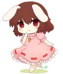  1girl :3 animal_ears barefoot blush brown_hair carrot_necklace chibi dress inaba_tewi pink_dress rabbit_ears rei_(tonbo0430) short_hair short_sleeves simple_background solo touhou white_background 